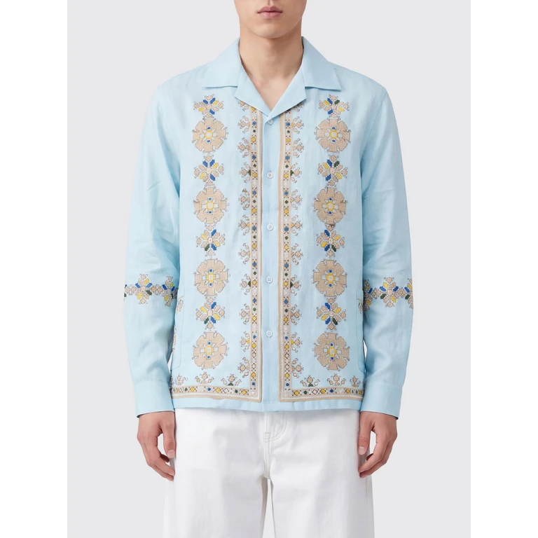 Long-Sleeved Floral Print Shirt in Cotton and Hemp (BZSS26SR15096ROSESLIGHTBLUE)