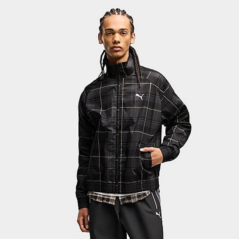 Men's Puma T7 Relaxed Tartan Full-Zip Track Jacket in Puma Black Size: Small