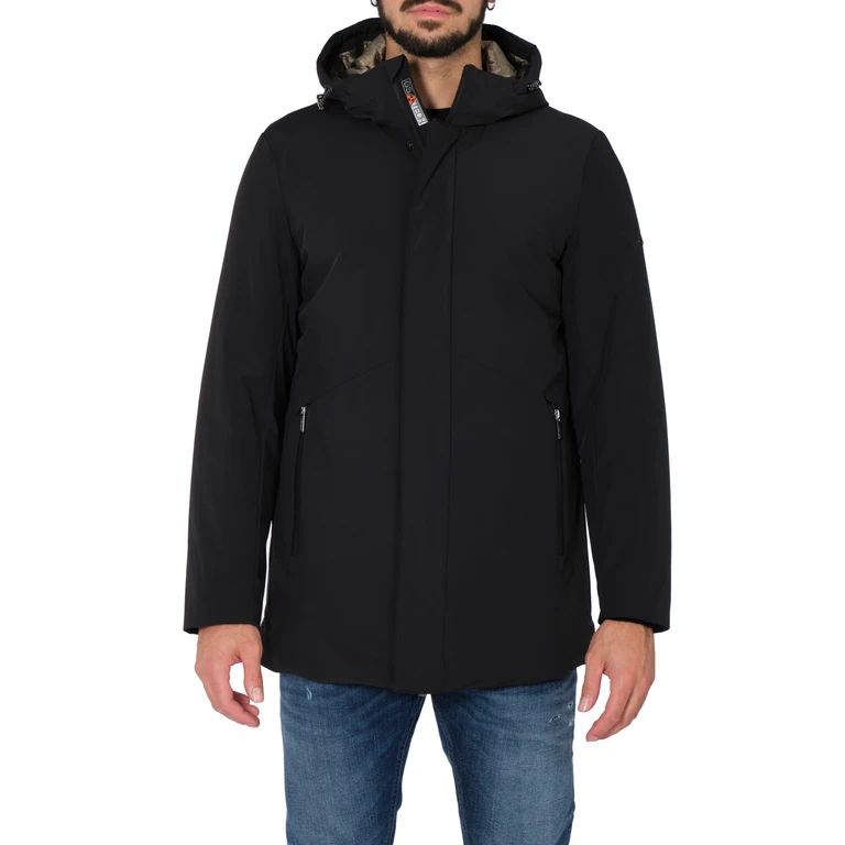 Long jacket with hood. Softshell HE544006 NER