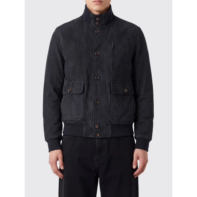 Suede Leather Bomber Jacket with High Collar and Elasticated Hem (ADELSIOURBLU)