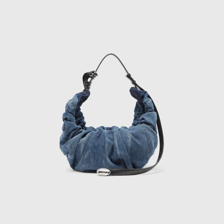 Grab-D-Large scrunched hobo bag in treated denim - Shoulder Bags - Woman - Blue