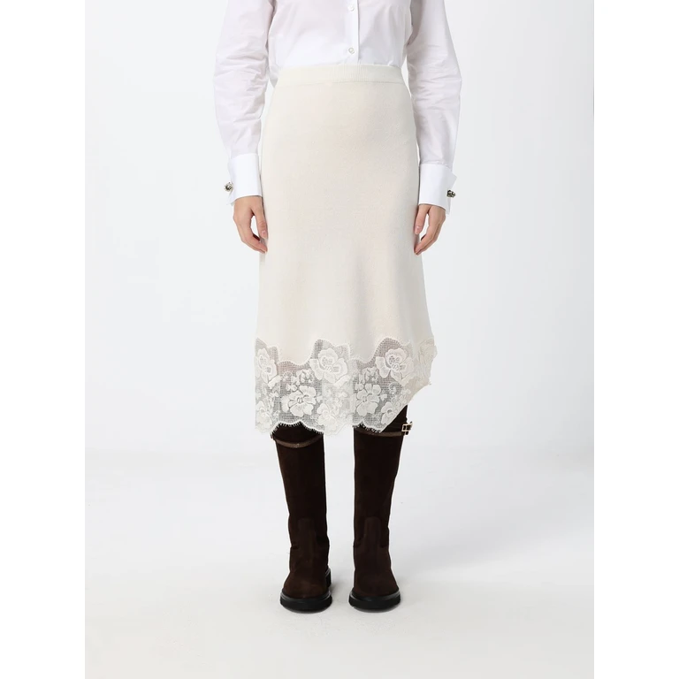 Long Knit Pencil Skirt in Wool and Silk with Lace Inserts (GND226F765M44625)
