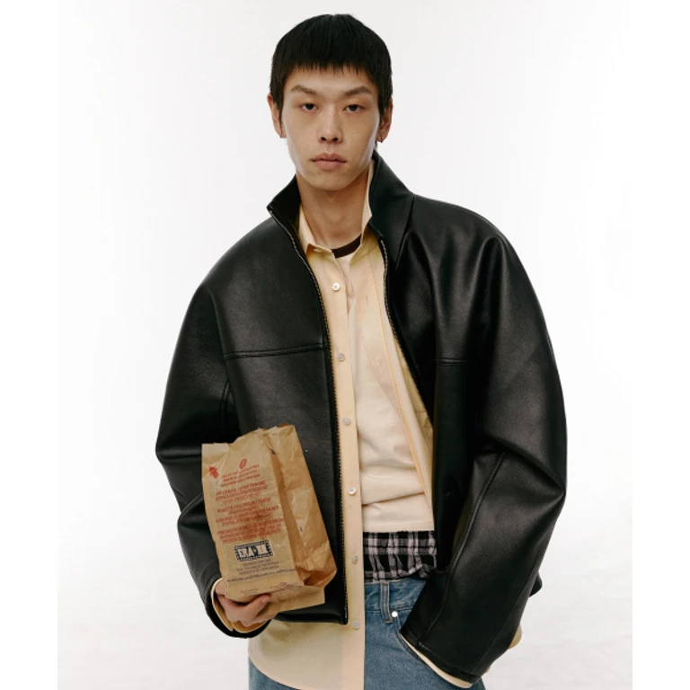 UNISEX FAUX LEATHER OVERSIZED BALL JACKET - BLACK