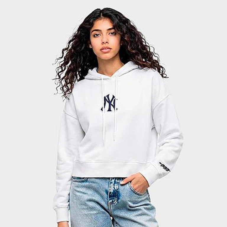 Pro Standard Women's New York Yankees MLB Wingspan Fleece Cropped Pullover Hoodie in White Size: XS