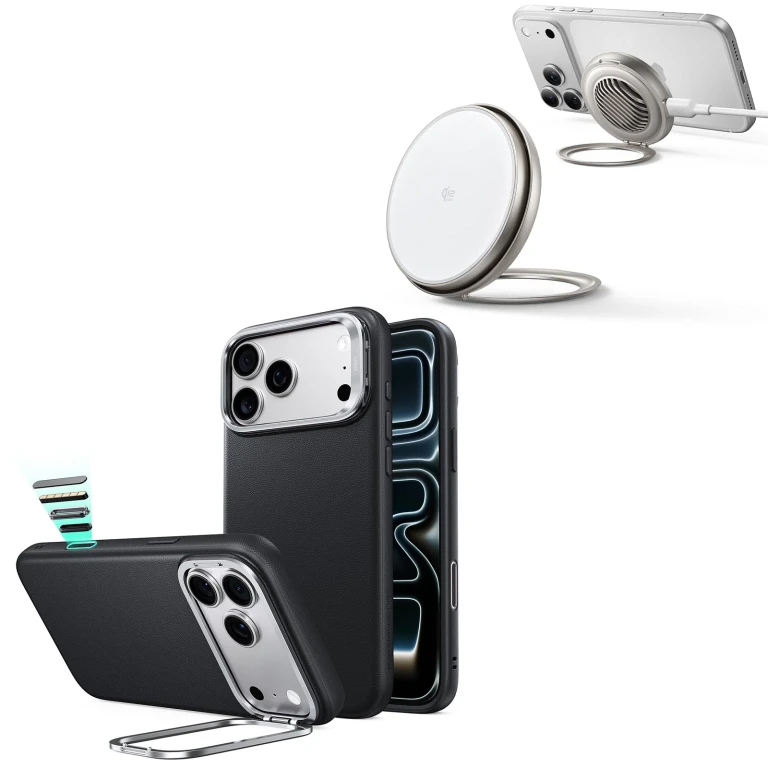 iPhone 18 Pro Max Atelier Silicone Leather Magnetic Case with Camera Control and Flex Stand, Plus Cyclone 25W Magnetic Charging Pad Bundle - Black