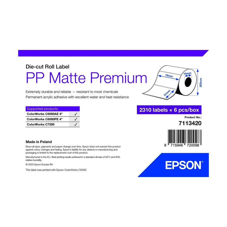 PP Matte Label Premium, Die-cut Roll, 76mm x 51mm, 2310 Labels
