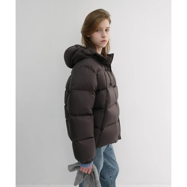 UNISEX HOODED VOLUME GOOSE DOWN JACKET DARK BROWN