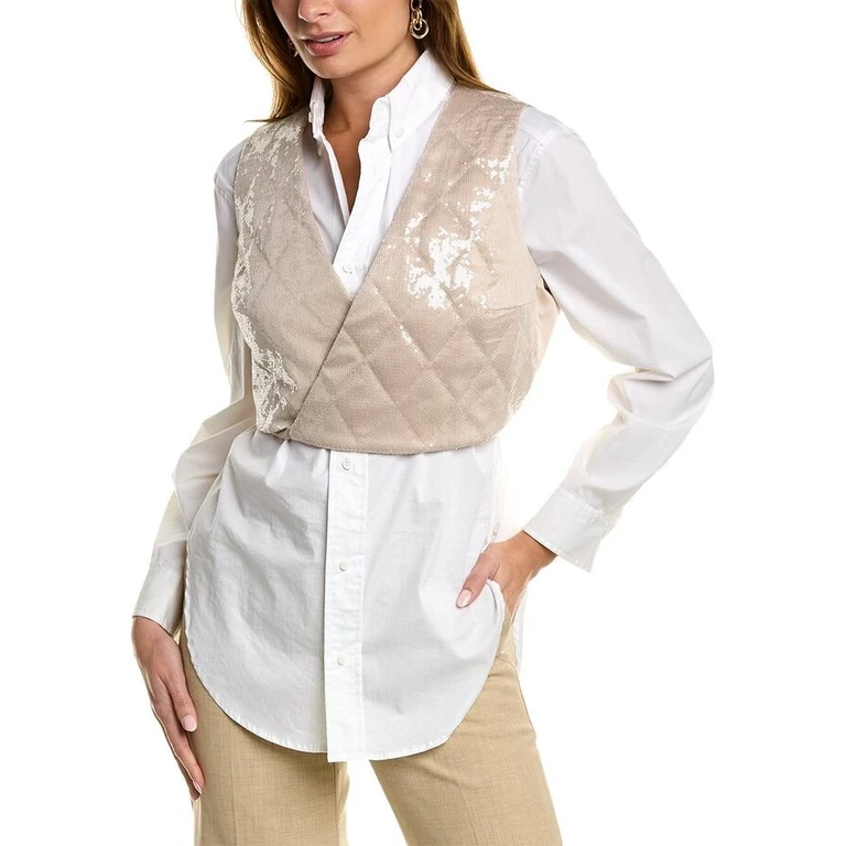 Women'S White Button-Up Shirt With Vest Overlay