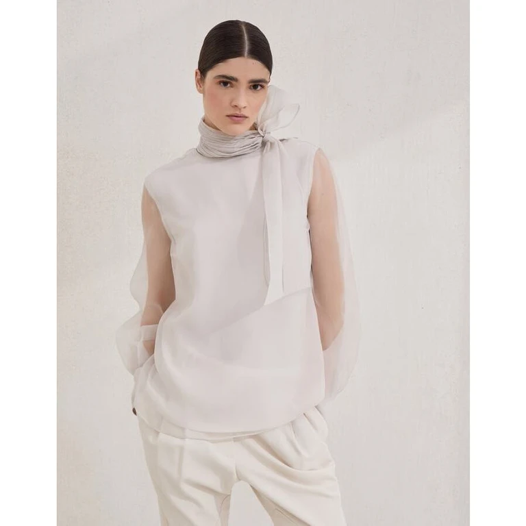 Women's Off White Sheer High Neck Sleeveless Shirt