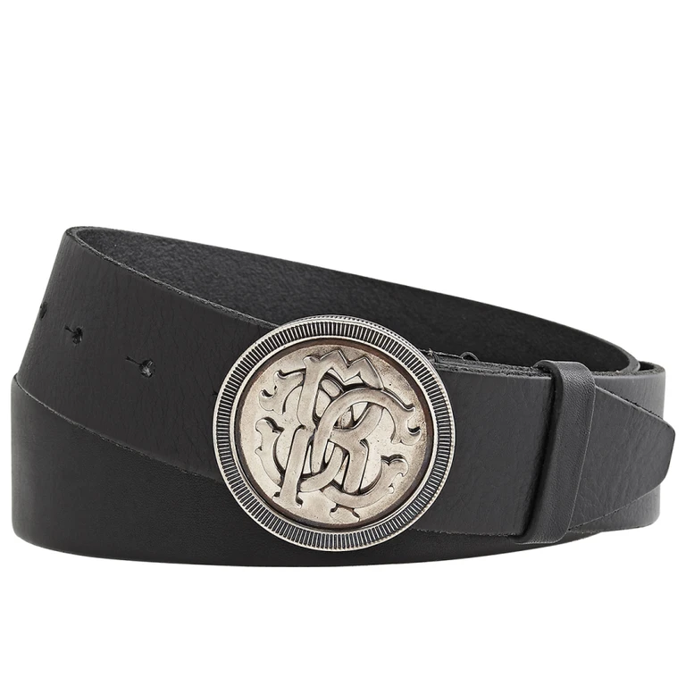 Mens Blue Leather RC Logo Medallion Buckle Belt
