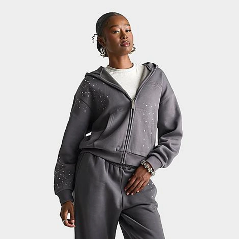 Hoodrich Women's Clash Rhinestone Full-Zip Hoodie in Magnet Grey Size: XS