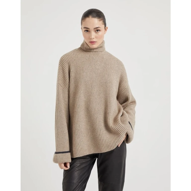 Womens Beige Ribbed Turtleneck Sweater