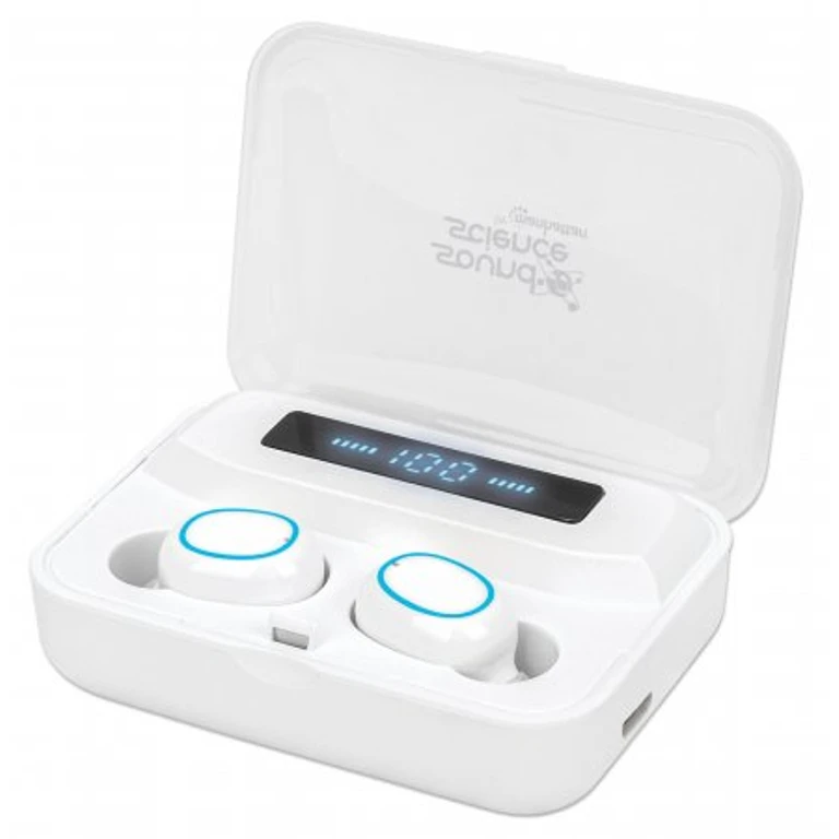 Manhattan Bluetooth Earphones, White, Microphone, Integrated Controls, Sweatproof, Noise Isolating, 5 hour usage time, Max Range 10m, Charging Case with Powerbank (1200mAh), Bluetooth v5.0, USB-A charging cable included, 3 Year Warranty