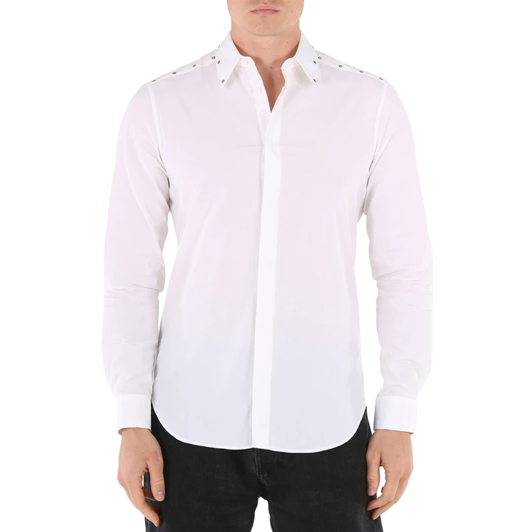 Mens Optic White Studded Cotton Long Sleeve Shirt