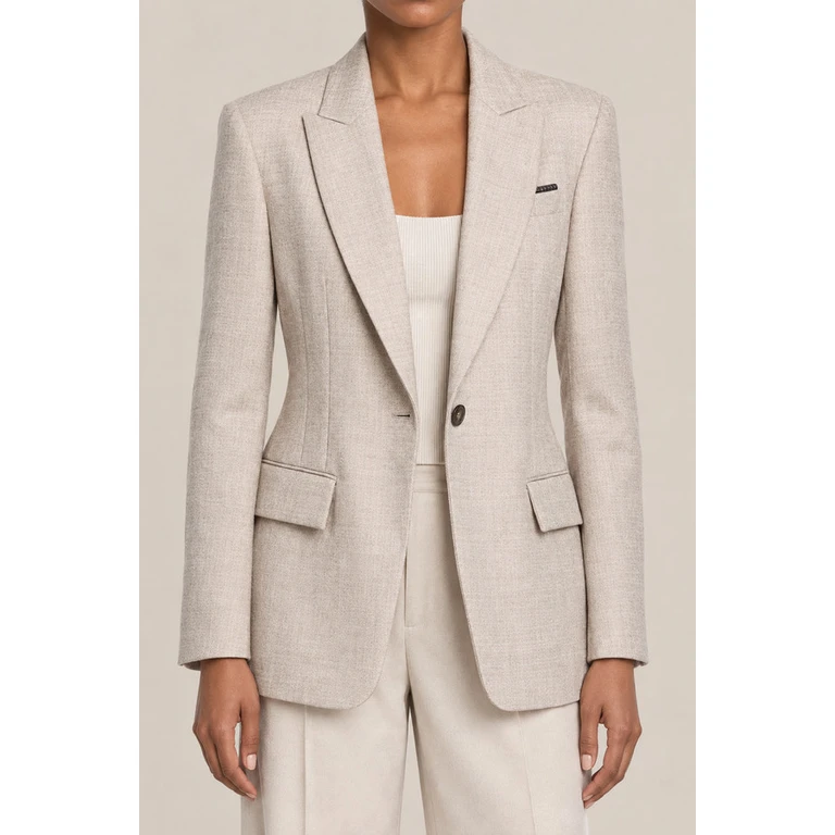 Women's Beige Wool Single Button Blazer