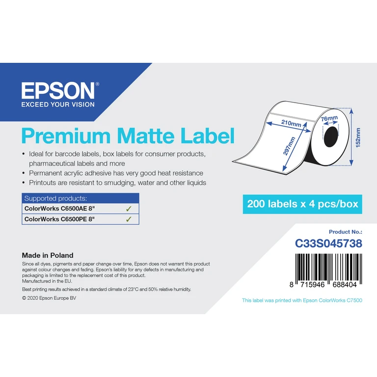 Premium Matte Label - Die Cut Roll: 210mm x 297mm, 200 labels