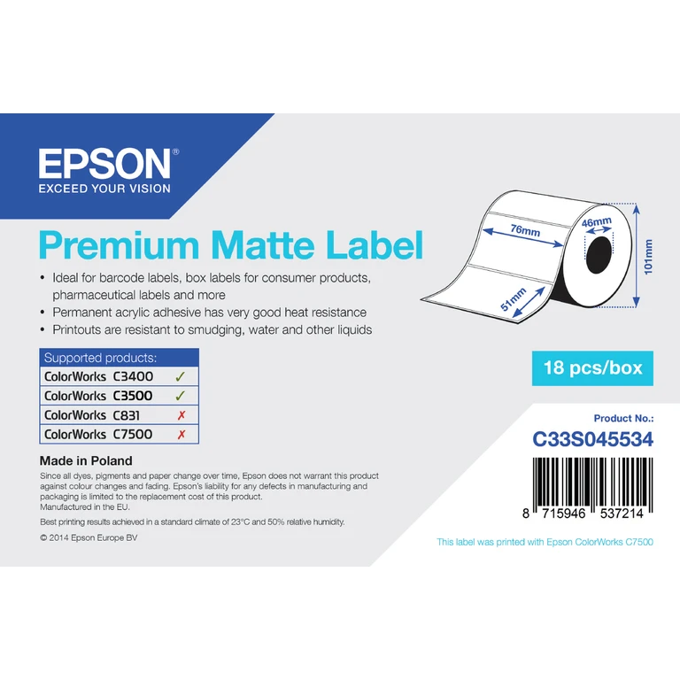 Epson C33S045534 Continous label roll die-cut 76mm x 51mm 650 label Pa