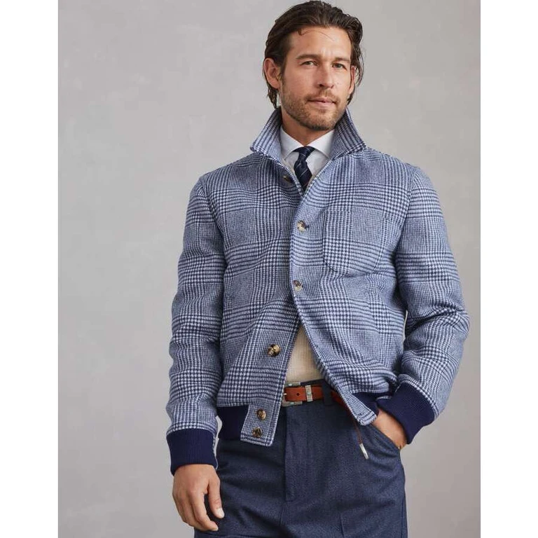 Men's Indigo Blue Wool Blend Checked Jacket