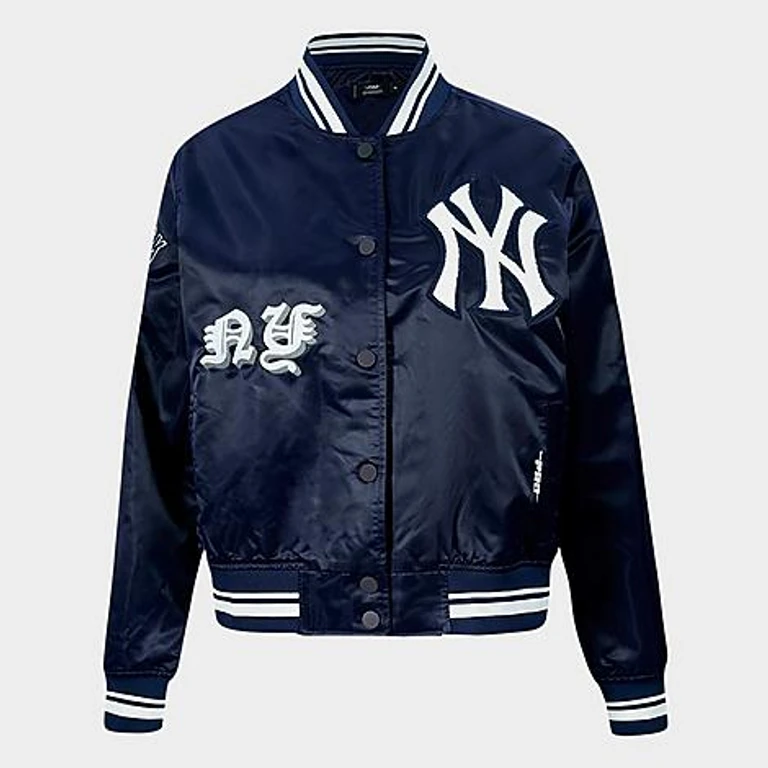 Pro Standard Women's New York Yankees MLB Old English Rib Satin Jacket in Midnight Navy Size: XS