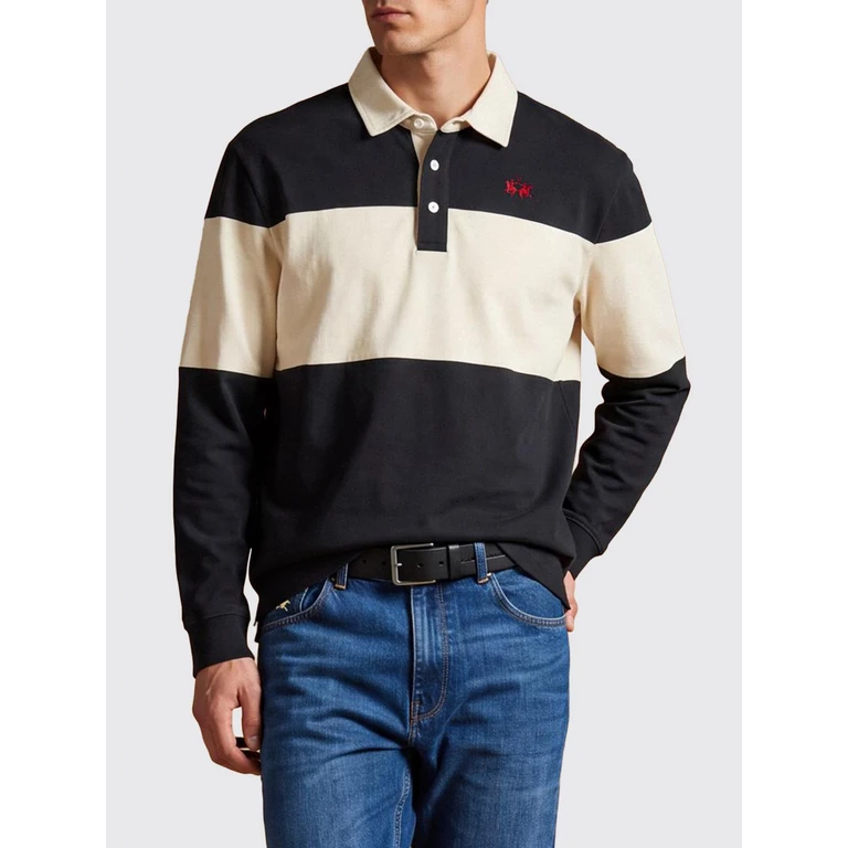 Long-Sleeved Cotton Polo Shirt with Bicolour Abstract Print (MDP019JS005S7459)