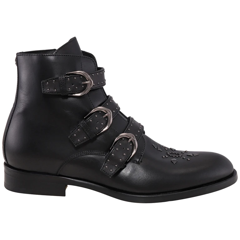 Mens Black Leather Buckled Ankle Boots