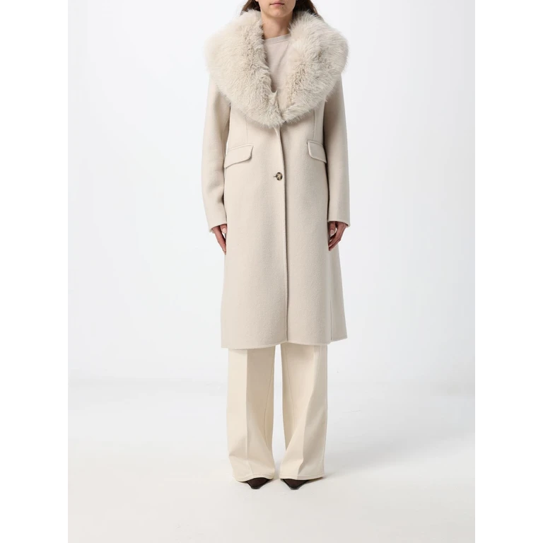 Single-Breasted Long Wool Blend Coat with Fur Collar (HK11104776MOUSSE)