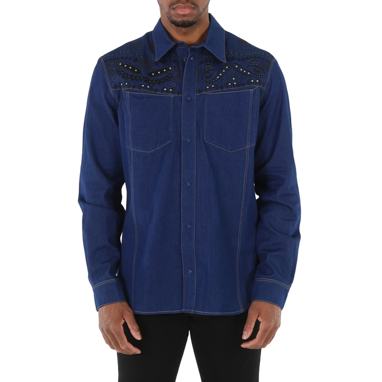 Mens Dark Blue Bandana Embroidered Denim Shirt