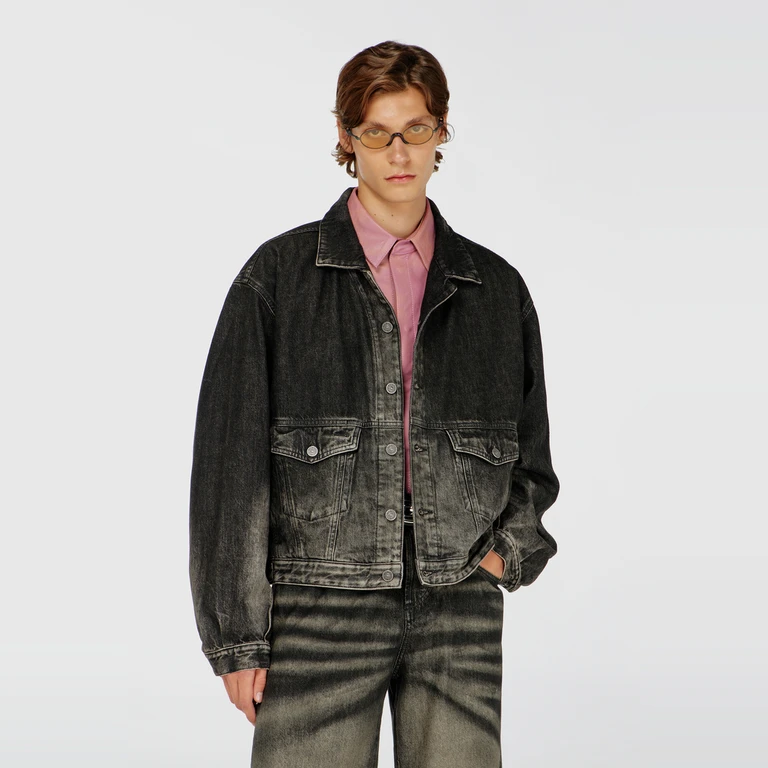 Trucker jacket in dirty-effect denim - Denim Jackets - Man - Black