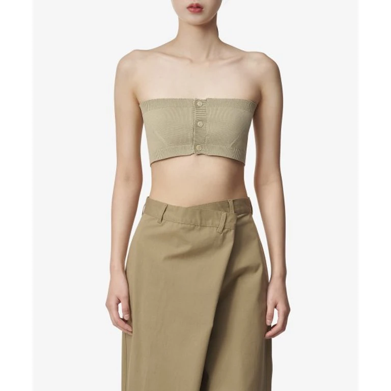 Knit Button-Up Cropped Sleeveless Top - Khaki Beige / A23SB02ADKHBE