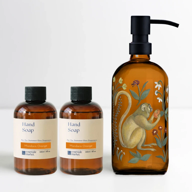 Mandarin Monkey - 16oz Statement Glass Dispenser and Mandarin Orange Hand Soap Set