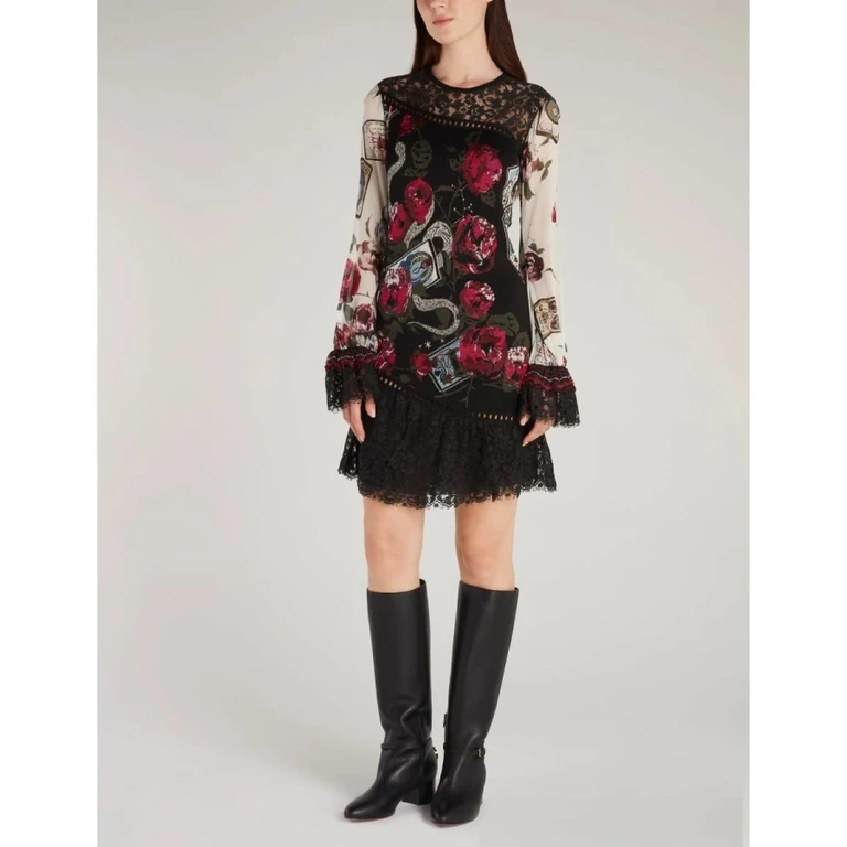 Floral Mini Dress with Lace Trim, Brand Size 40 ( US Size 6 )
