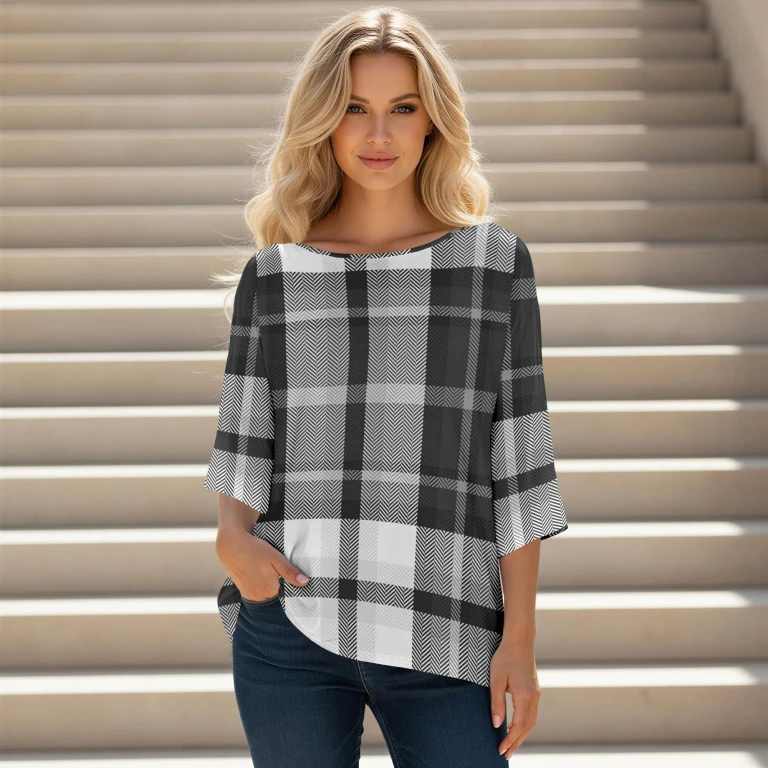 Grey and White Plaid Three Quarter Sleeve Tunic by Bon Apple Tea