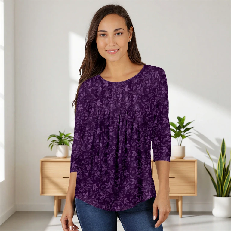 Purple Floral Pleated Three-Quarter Sleeve Tunic by Bon Apple Tea