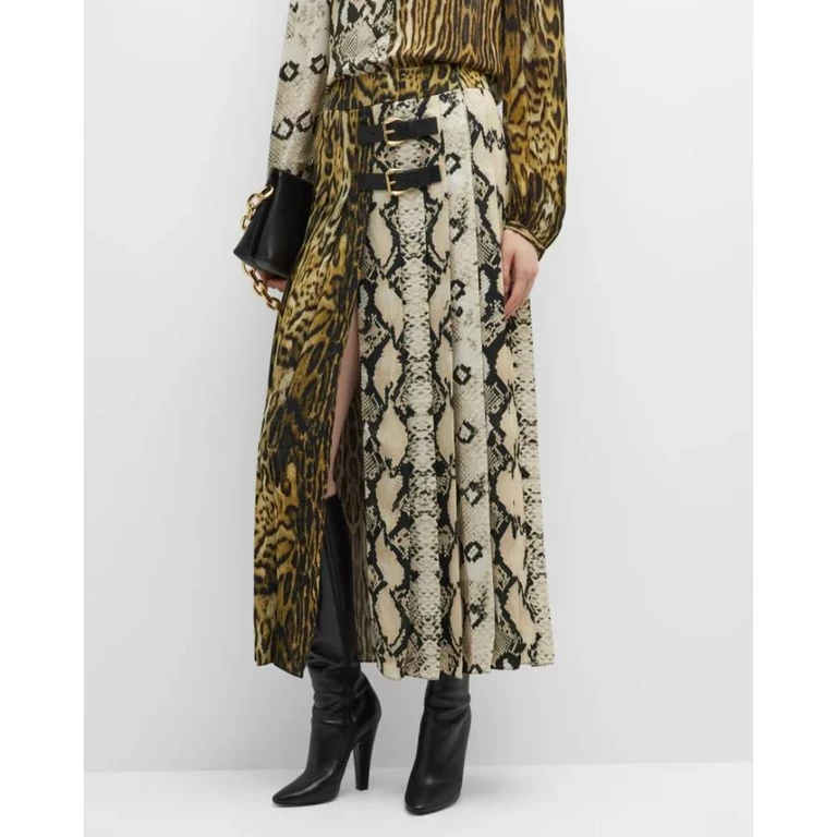 Mixed Animal-Print Pleated Maxi Skirt