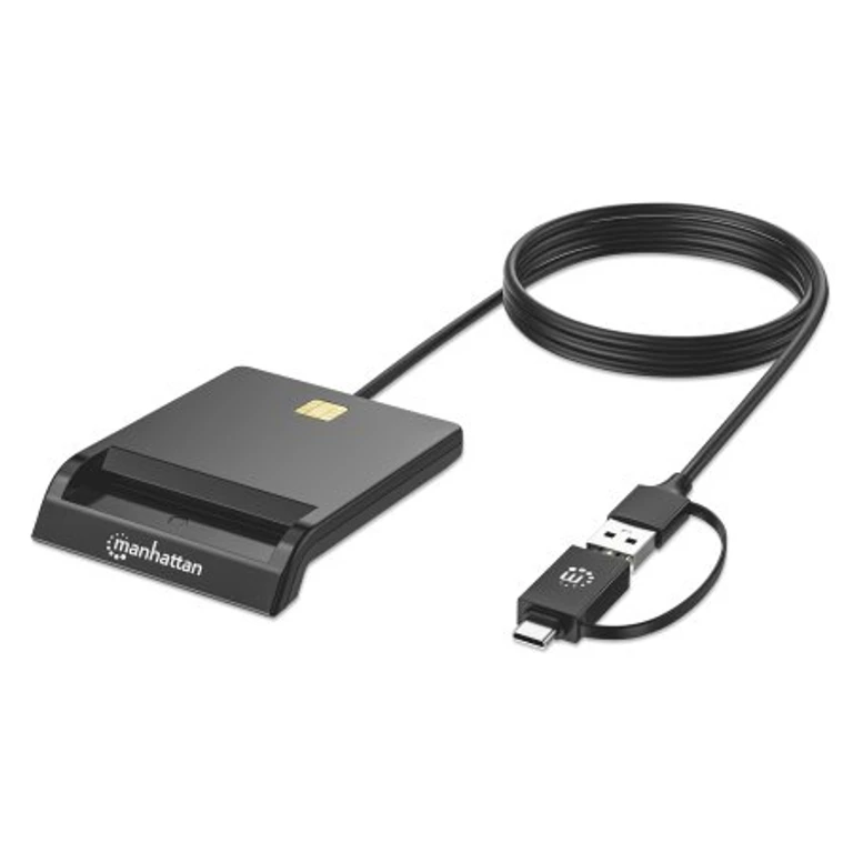 USB-A / USB-C combo Smart Card Reader, USB 2.0 Type-C and Type-A Male to Contact Reader Interface, Supports Windows, macOS and Linux, Reads SIM Cards with Adapter (not included or available from ), 1m Cable, Black