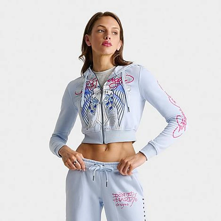 Ed Hardy Women's Cross Wings Fleece Full-Zip Hoodie in Dusty Blue Size: XS