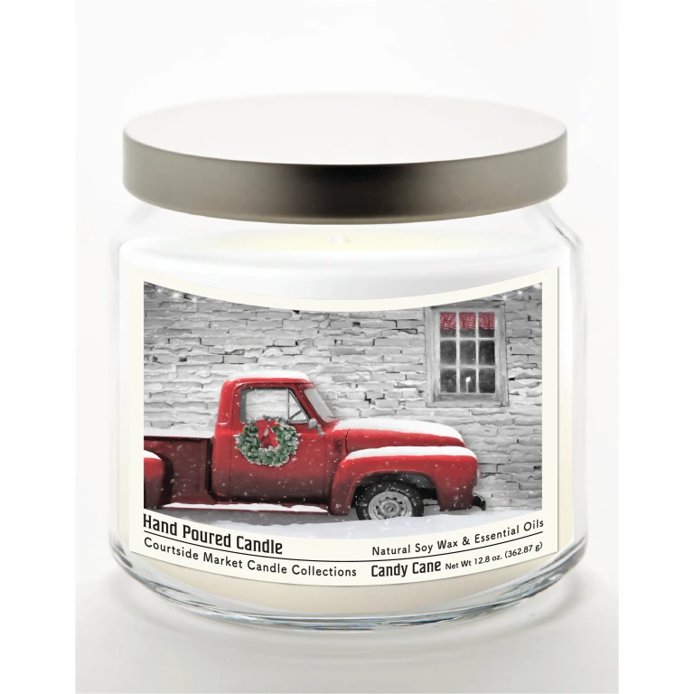 Red Uptruck with Wreath 12.8 Oz Candle Glass Jar with Brushed Silver Metal Lid