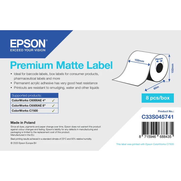Premium Matte Label - Continuous Roll: 102mm x 60m
