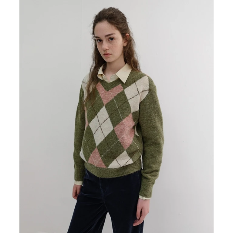 UNISEX HAIRY ALPACA ARGYLE SWEATER OLIVE KHAKI