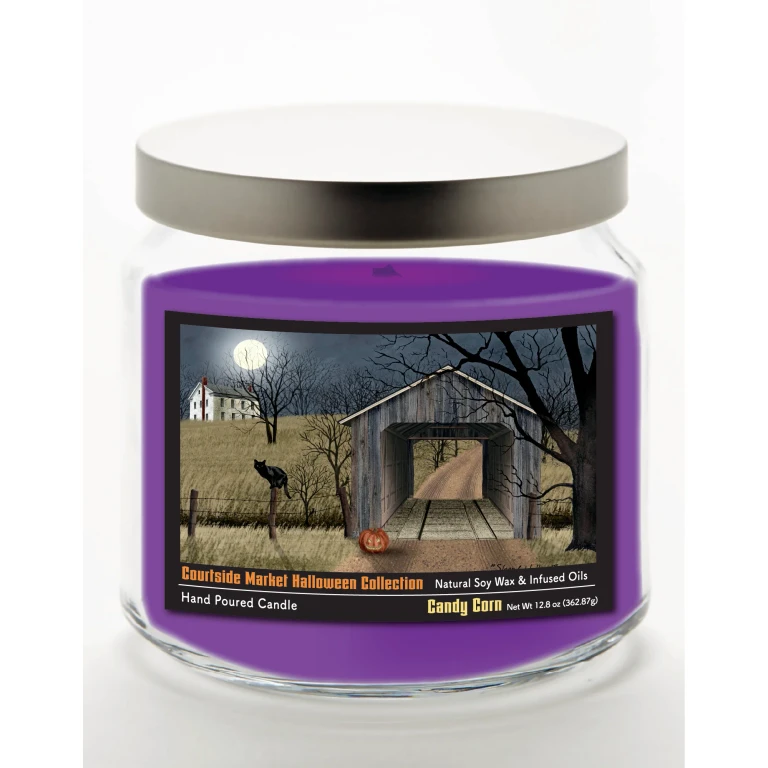 Halloween Collection Black Cat & Jack-O-Lantern 12.8 Oz Candle Glass Jar with Brushed Silver Metal Lid