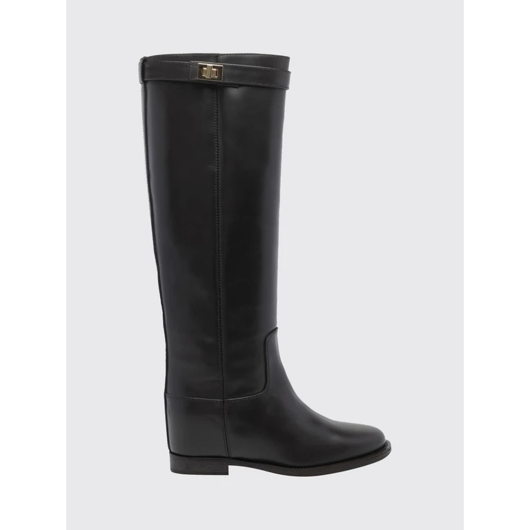 Knee-High Smooth Leather Wedge Boots with Strap Details (3807TESTADIMORO)
