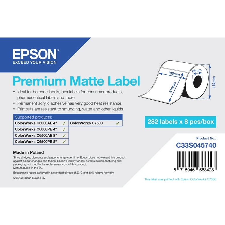 Premium Matte Label - Die-Cut Roll: 105mm x 210mm, 282 labels