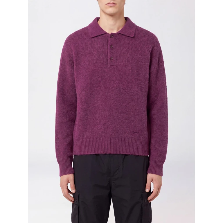 AMI PARIS Long-Sleeved Knitted Polo in Alpaca and Wool Blend (HPL405KN0021618)