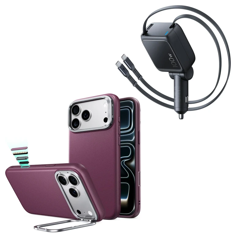 iPhone 18 Pro Atelier Silicone Leather Magnetic Case with Camera Control and Flex Stand, Plus Xtend 100W Retractable Car Charger - Deep Burgundy