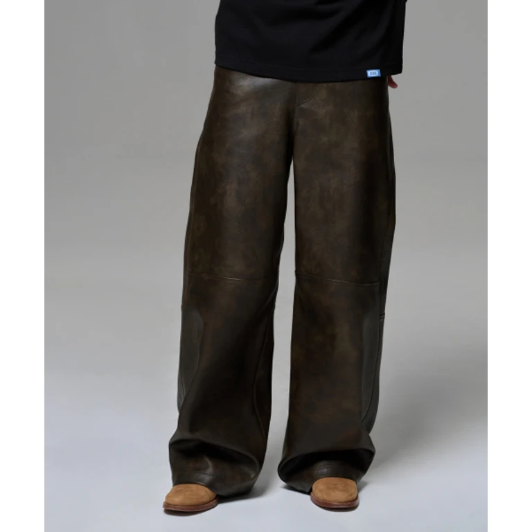MEN FAUX LEATHER TWO-TONE PANEL PANTS - TOBACCO BROWN