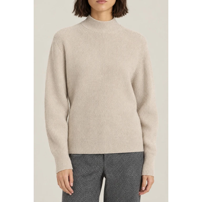 Women's Light Brown Wool Ribbed Mock Neck Sweater