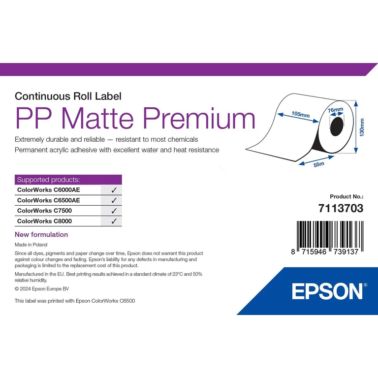 PP Matte Label Premium, Continuous Roll, 105mm x 55m