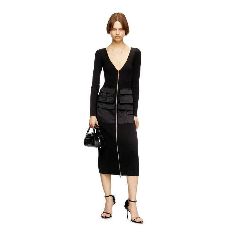 Ribbed midi dress with cargo pockets - Dresses - Woman - Black
