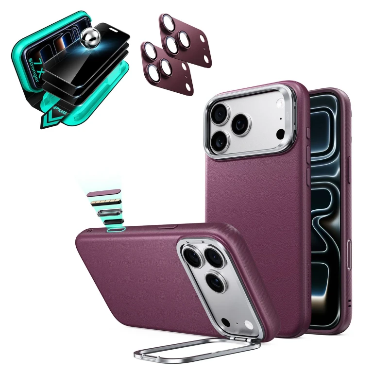 iPhone 18 Pro Max Bundle Atelier Silicone Leather Magnetic Case with Camera Control and Flex Stand, Plus Armorite®️ Privacy Screen - Deep Burgundy
