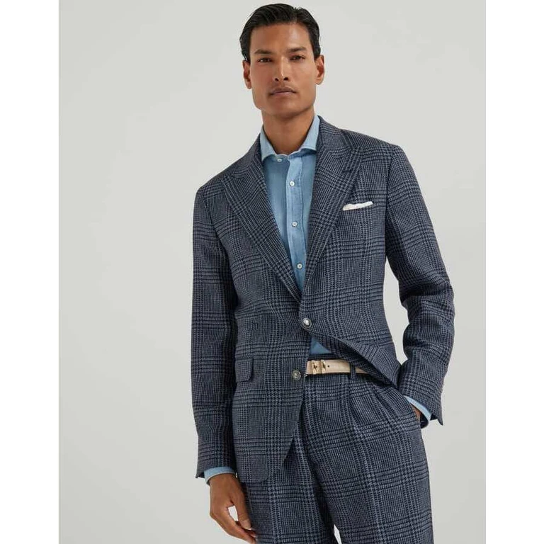 Men's Denim Wool Silk Checked Blazer